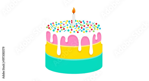 A colorful cartoon birthday cake with sprinkles.