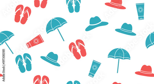 Summer beach accessories seamless vector pattern with hats umbrellas flip flops and sunscreen