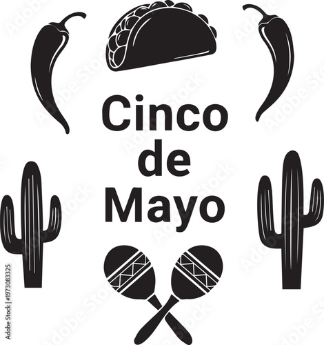 Cinco de mayo celebration vector design elements, black silhouettes of Mexican symbols and holiday text.