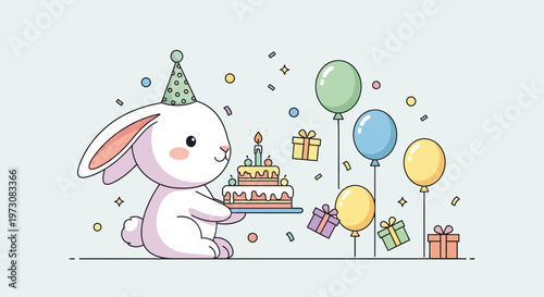 A cute cartoon bunny celebrates birthday with cake.