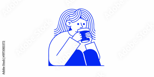 Woman with long hair enjoying a warm beverage in a simple illustration