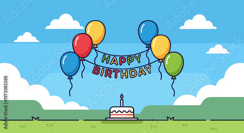 Happy birthday celebration with colorful balloons.