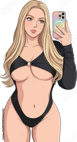 黒のカッテイング水着を着た金髪美女の自撮りイラスト。(Sexy anime blonde woman)