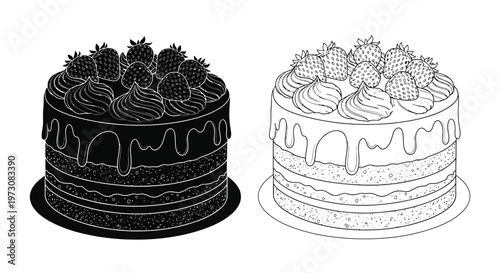 Two black and white illustrations of layered strawberry cakes on stands