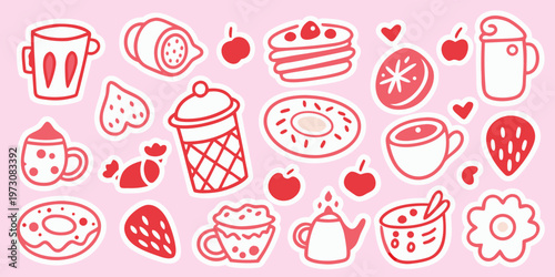 A playful collection of pink and white hand drawn breakfast and dessert items