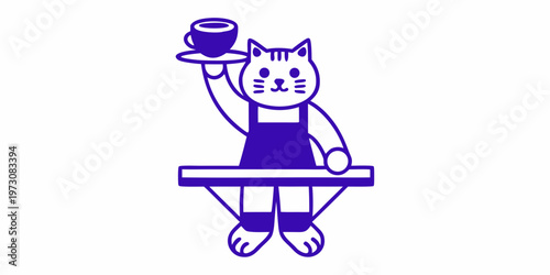 A cartoon cat waiter balances a coffee cup on a serving tray