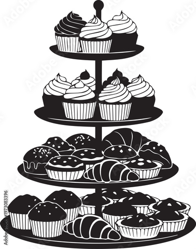 Sweet pastries on tiered dessert stand, vector illustration of cupcakes, croissants, and muffins in silhouette.