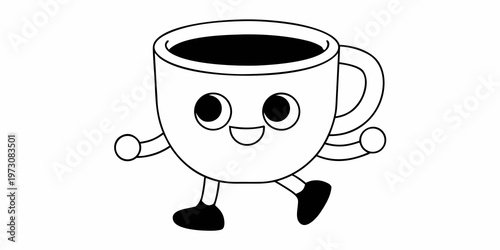 A charming cartoon coffee mug with a face and tiny legs walking