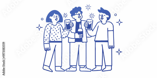 Three friends cheerfully toasting with drinks and celebrating together