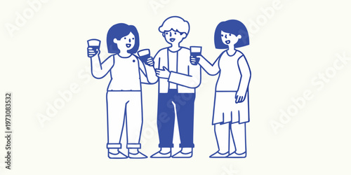 Three friends enjoying drinks together in a simple blue line art style