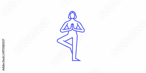 Simple blue line drawing of a person in a tree pose yoga position
