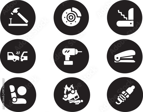 Collection of white tool and safety icons representing repair automotive and office supplies isolated on black circles for graphic design