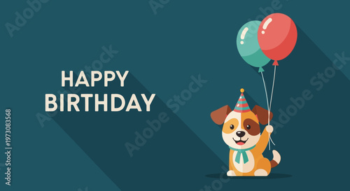 A cartoon dog celebrating birthday with balloons.