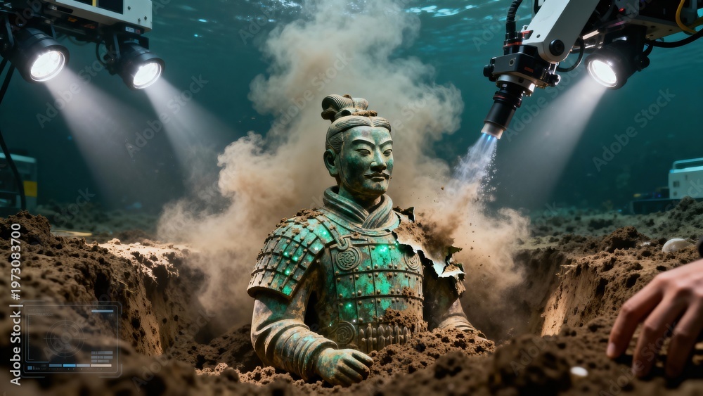 Naklejka premium Archaeologists Uncover Ancient Bronze Warrior Statue Underwater high resolution commercial stock image variation 18 siyam