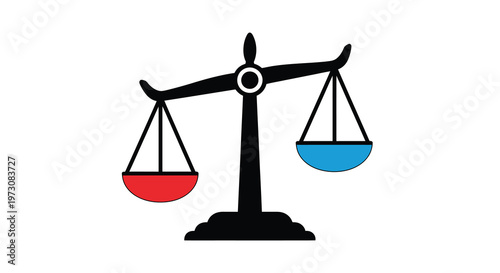 Scales of justice with balanced red and blue pans symbolizing equality