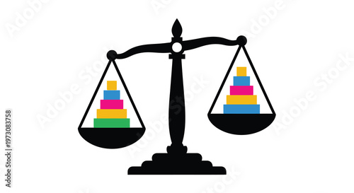 A black justice scale balancing colorful stacked rectangular blocks