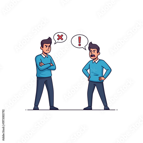 Two men arguing, disagreement, conflict, communication breakdown, cartoon illustration