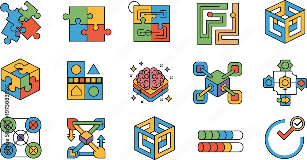 Fototapeta premium Problem Solving Flat Icons Set with Puzzle Logic Brain Strategy Flowchart and Solution Elements
