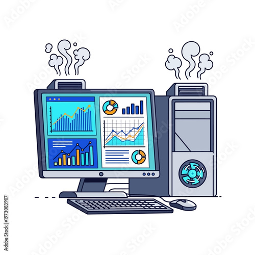 Computer with financial charts and graphs, overheating and smoking, representing data analysis