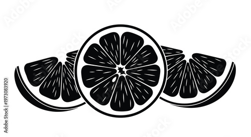 Black and white illustration of sliced citrus fruit likely a grapefruit or orange