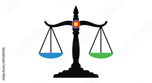 Scales of justice with colorful pans and a central emblem