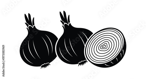 Black and white illustration of three onions one sliced open