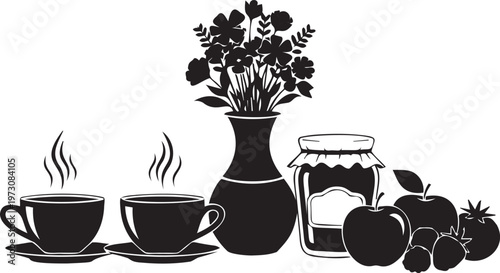 A collection of breakfast items including two steaming cups of coffee or tea, a vase of flowers, and fresh fruit.