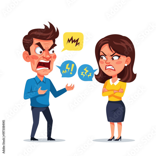 Angry couple arguing with speech bubbles, conflict and disagreement illustration