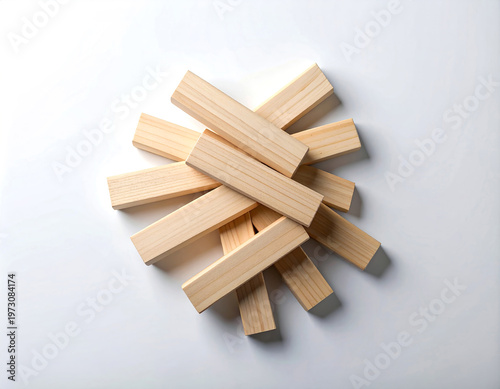 Stack of new wooden planks. Wooden planks for construction on a white background. Top view.