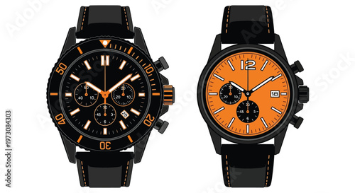 Two stylish wristwatches with black and orange detailing are displayed