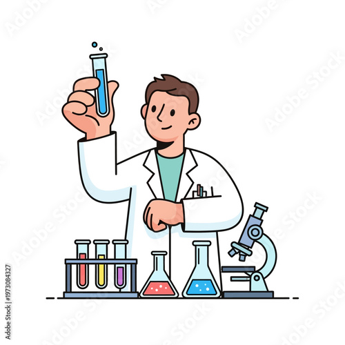 Scientist Holding Test Tube With Blue Liquid, Laboratory Equipment, Research Illustration