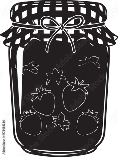 Glass jar filled with strawberry jam, detailed outline, preserve, sweet food, homemade, recipe ingredient, culinary, summer fruit.