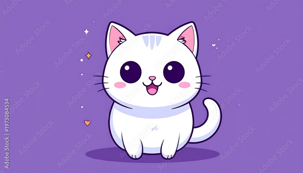 Fototapeta premium Cute Kawaii White Cat Illustration with Big Eyes and Sparkles.