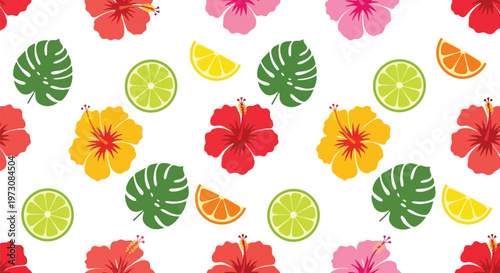 Tropical hibiscus flower and citrus fruit seamless vector pattern for summer backgrounds