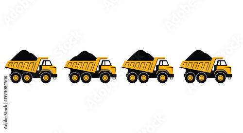 Four yellow dump trucks in a row carrying dark loads