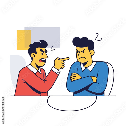 Angry man pointing finger at annoyed man, conflict, disagreement, argument, business meeting illustration