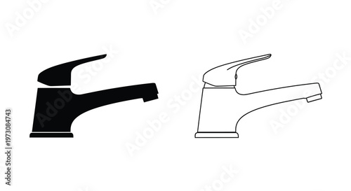 Modern faucet design illustration in black and white showing side and front views