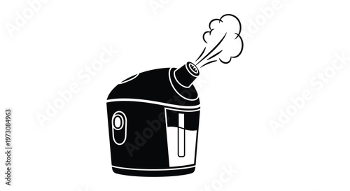 Black and white illustration of a vintage hair dryer emitting steam