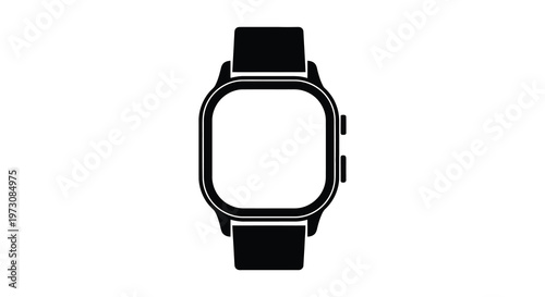 Simple black and white illustration of a modern smartwatch with a strap