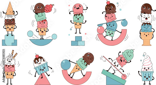 Cute Ice Cream Characters Balancing on Scales and Shapes with Funny Expressions in Colorful Cartoon Style Dessert Illustration Set.