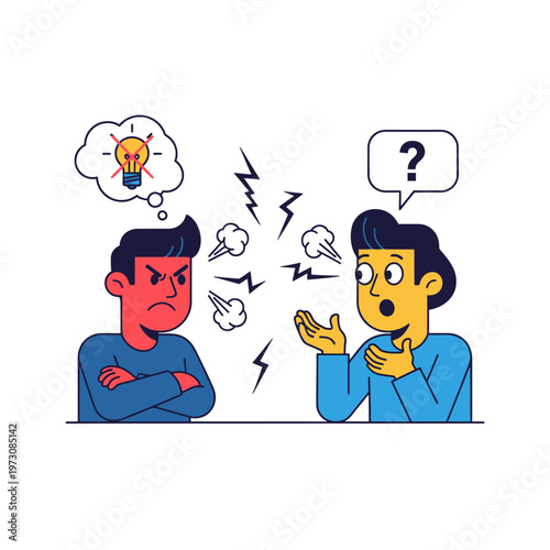 Conflict and Misunderstanding Between Two People, One Angry, One Confused, Idea vs Question