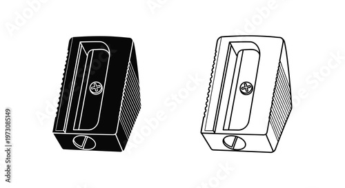 Two black and white illustrations of a manual pencil sharpener
