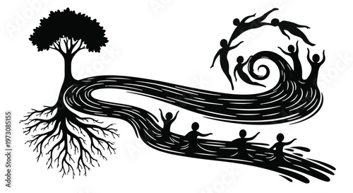 People flowing like water from tree roots, symbolizing growth, connection, and community.
