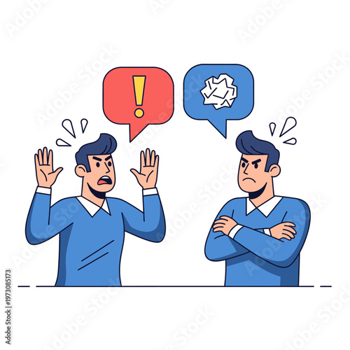 Conflict illustration: two men arguing with speech bubbles showing disagreement and frustration.