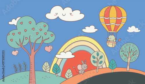 Cute Cartoon Landscape with Rainbow Hot Air Balloon and Animals Kids Illustration Vector