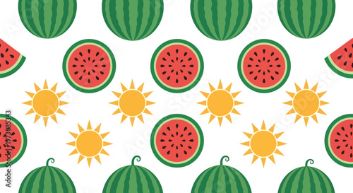 Summer watermelon and sun seamless vector pattern for fresh seasonal backgrounds