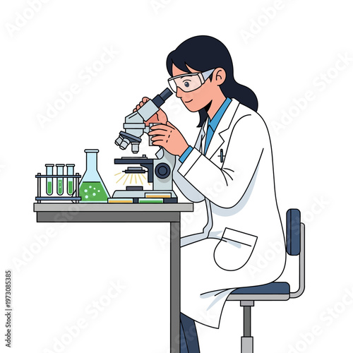 Scientist Working With Microscope and Flasks in Laboratory