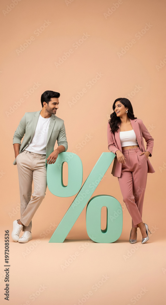 Naklejka premium Young Professionals Smiling, Leaning on Large Percentage Symbol