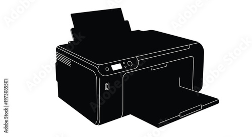 Silhouette of a modern all in one printer against a white background