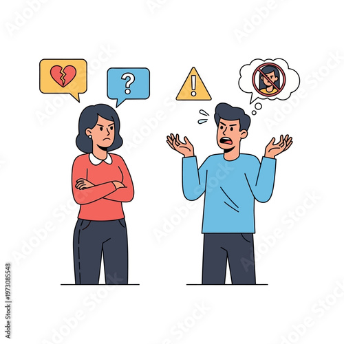 Couple arguing, relationship conflict, broken heart, question mark, warning sign, no entry symbol